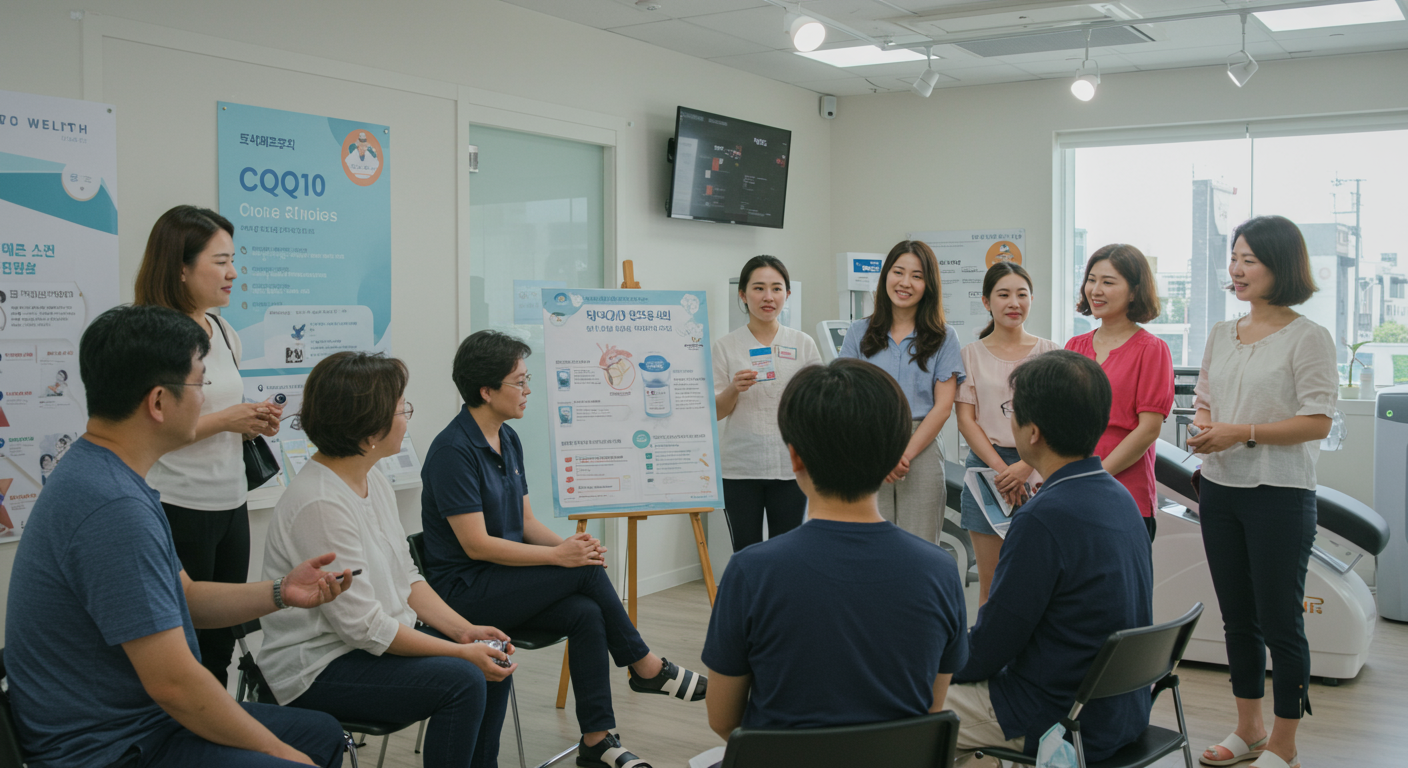 다양한 연령층의 사람들이 건강 센터에서 정보를 나누는 장면