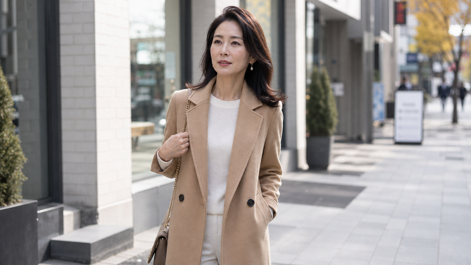 40대 여배우가 세련된 일상복을 입고 있는 모습