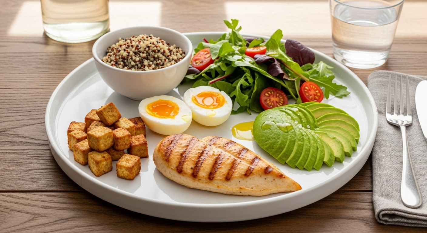 고단백 식재료인 닭가슴살, 계란, 두부와 아보카도가 차려진 식탁