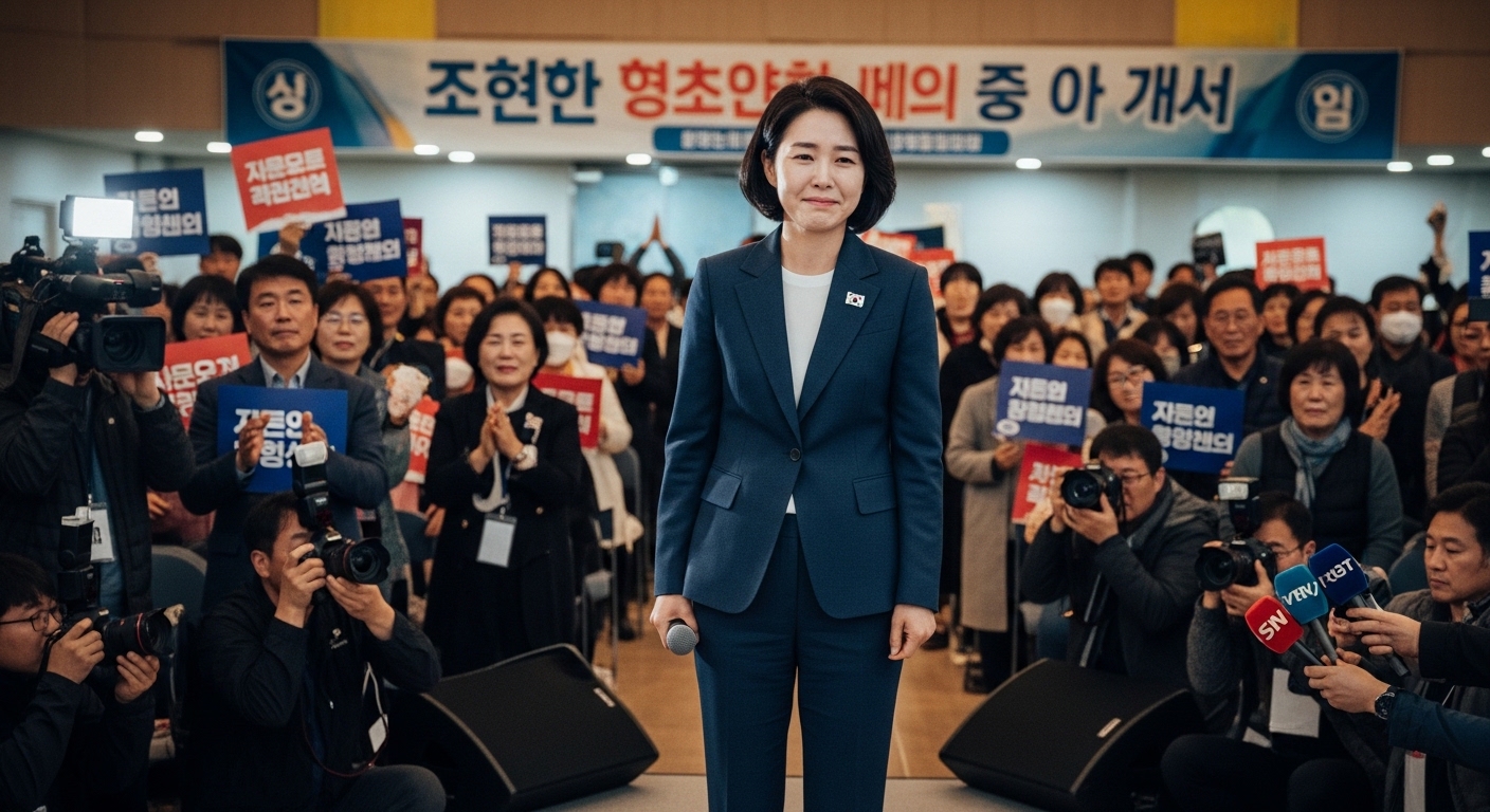 수원에서 열린 선거 밤 행사에서 지지자들과 언론에 둘러싸여 차분히 패배를 인정하는 여성 정치인의 모습
