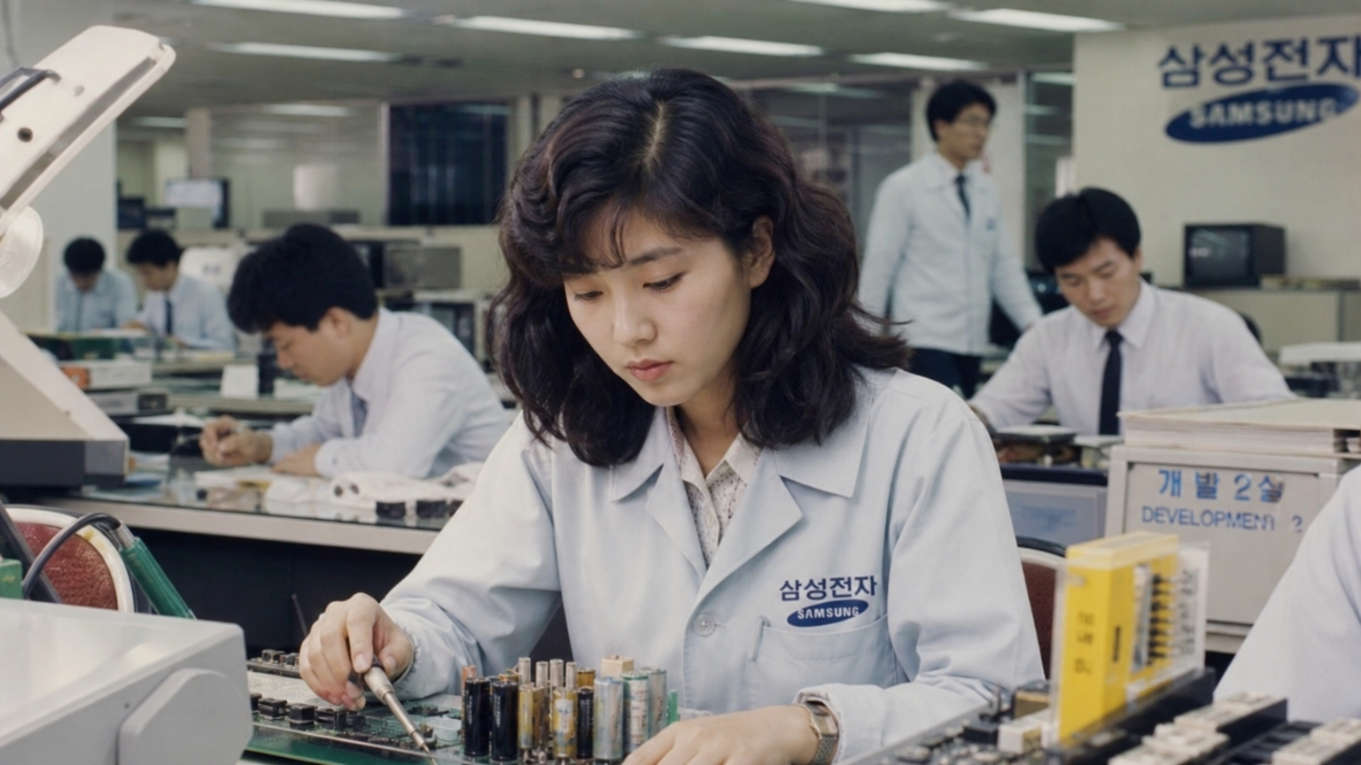 1980년대 삼성전자 연구 보조원으로 경력을 시작하는 젊은 여성의 분주한 기업 환경 모습