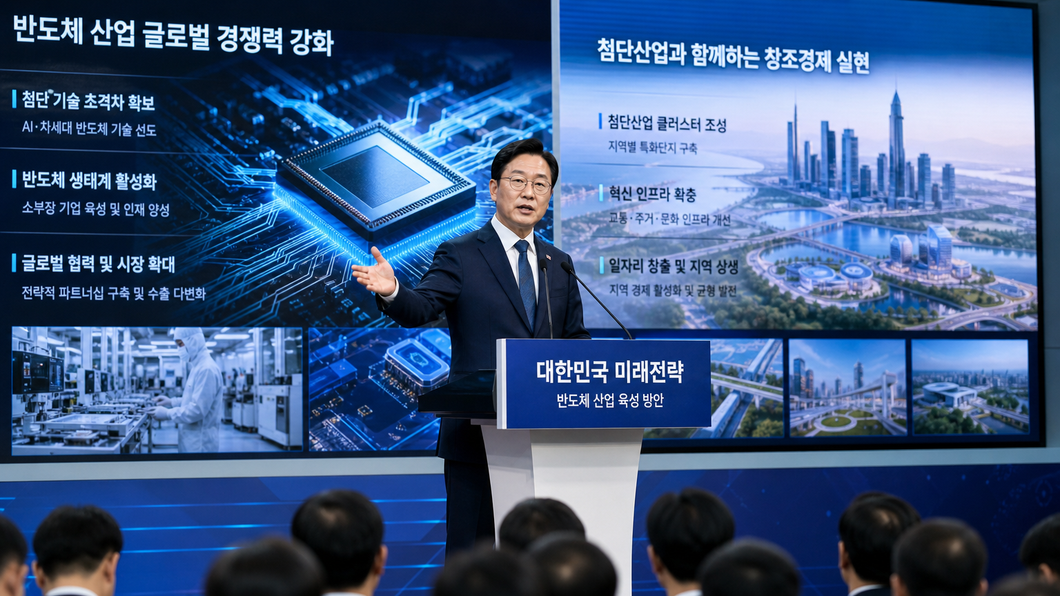 미래 기술 시각 자료와 도시 개발 계획을 배경으로 반도체 산업 전략을 제시하는 한국 정치인의 비전 있는 모습
