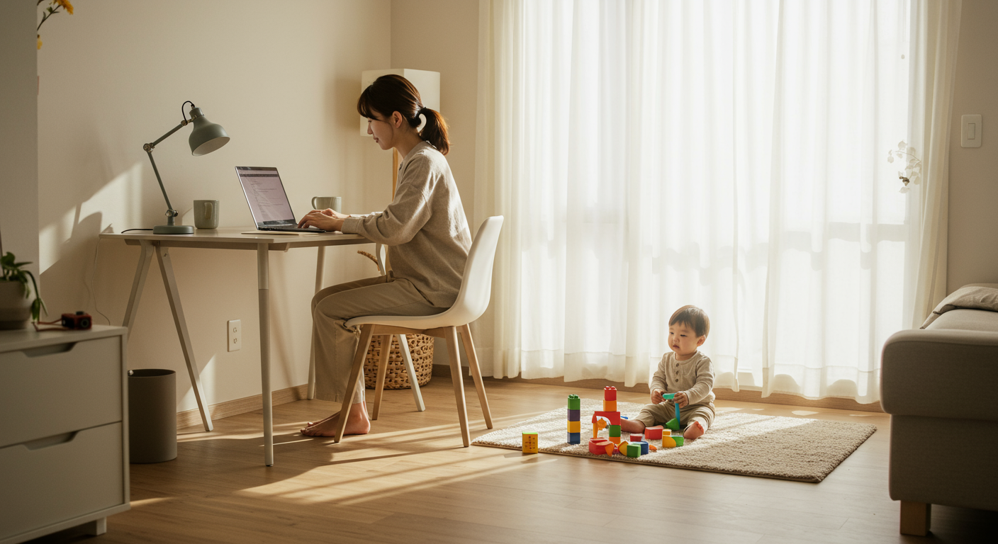 한국의 엄마가 집에서 노트북으로 일하며 옆에 아기가 있는 모습