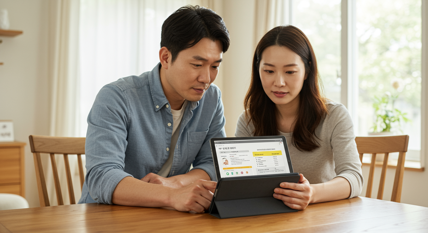 부모가 집에서 태블릿으로 자녀 양육비 혜택을 검토하는 모습