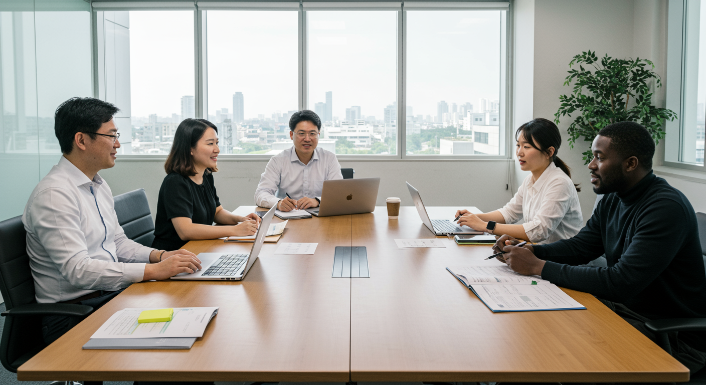 두산그룹의 새로운 육아 휴가 정책에 대해 회의 중인 다양한 직원들