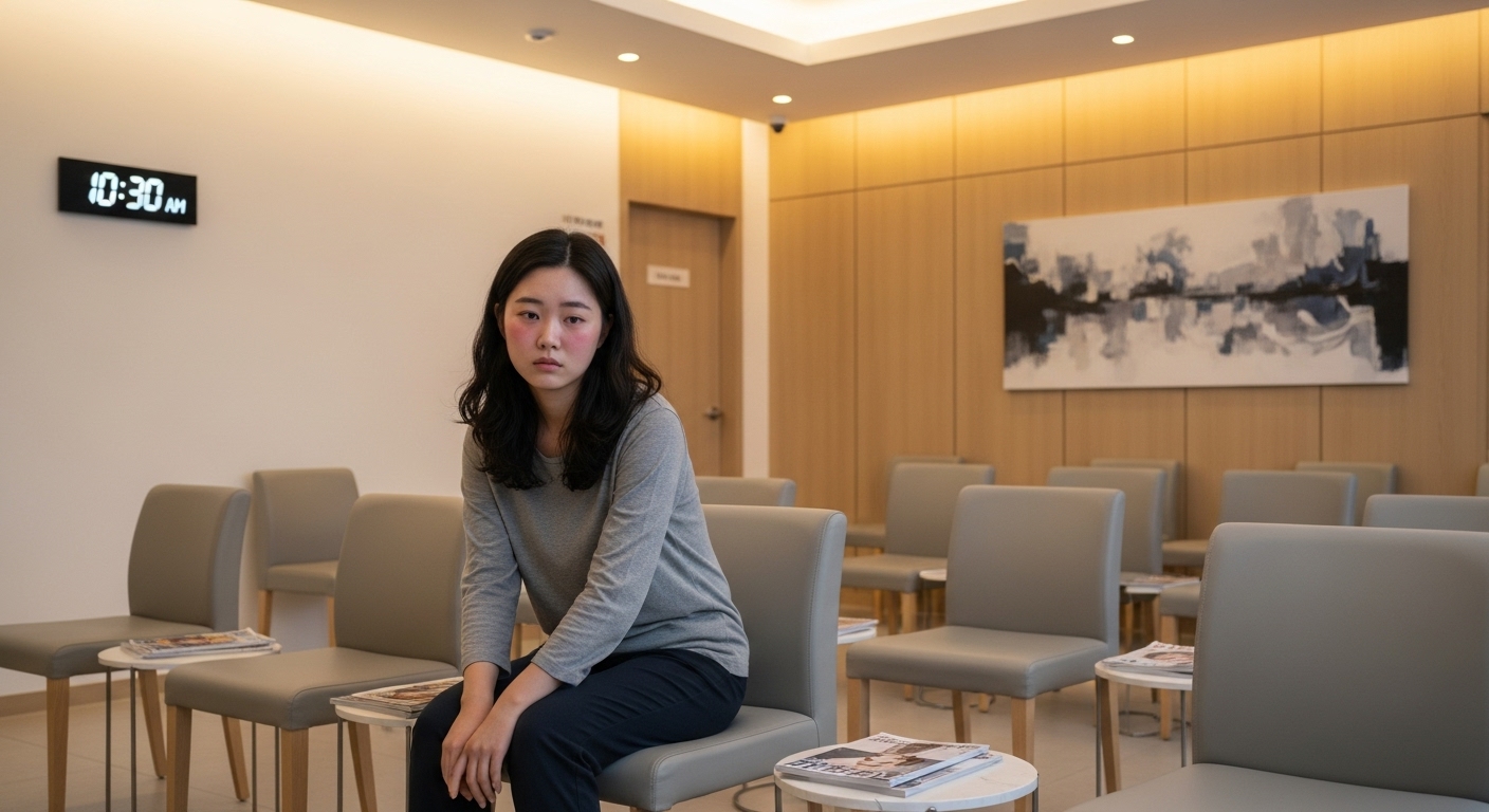 현대적인 병원 대기실에서 피곤하고 열이 있는 젊은 여성이 앉아 있는 모습