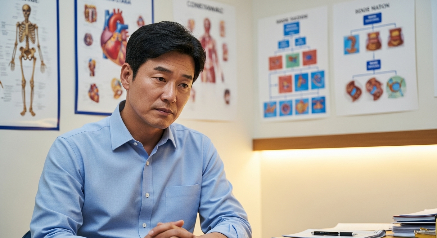 의사의 사무실에서 생각에 잠긴 한국 남성, 벽에는 여러 의료 차트와 다이어그램