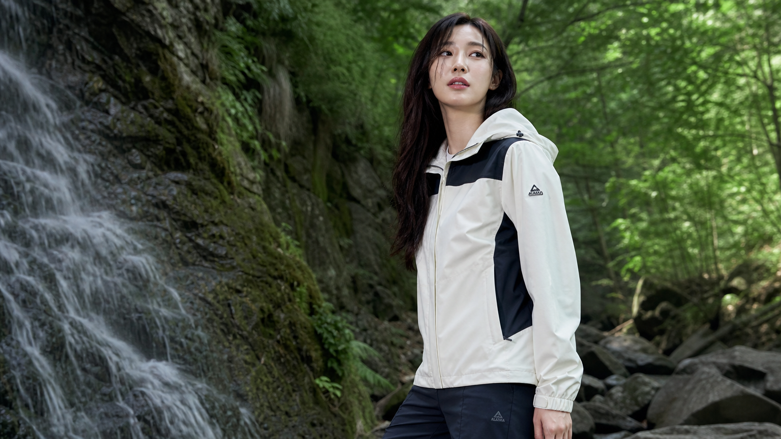 배우 노윤서가 새로운 아웃도어 패션을 입고 신비로운 자연 속에 서 있는 모습