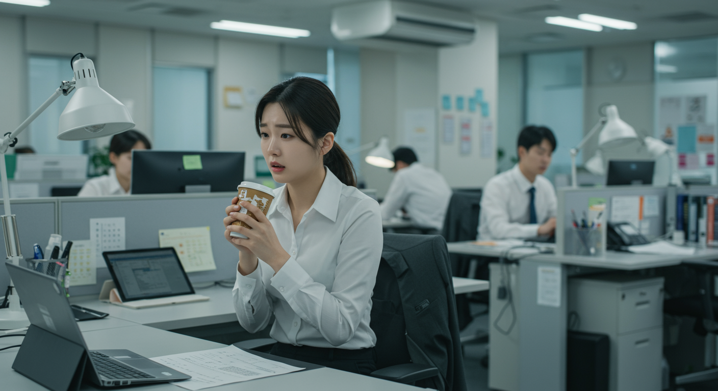 현대 사무실에서 에어컨 바람에 추위를 느끼며 건강을 염려하는 직장인의 모습