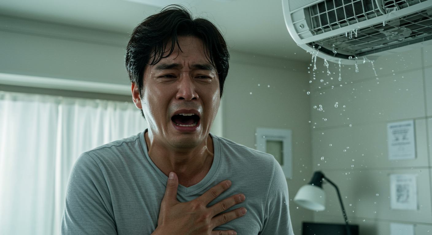 실내에서 에어컨으로 인한 심각한 증상으로 호흡 곤란을 겪으며 가슴을 부여잡고 고통스러워하는 남성의 모습