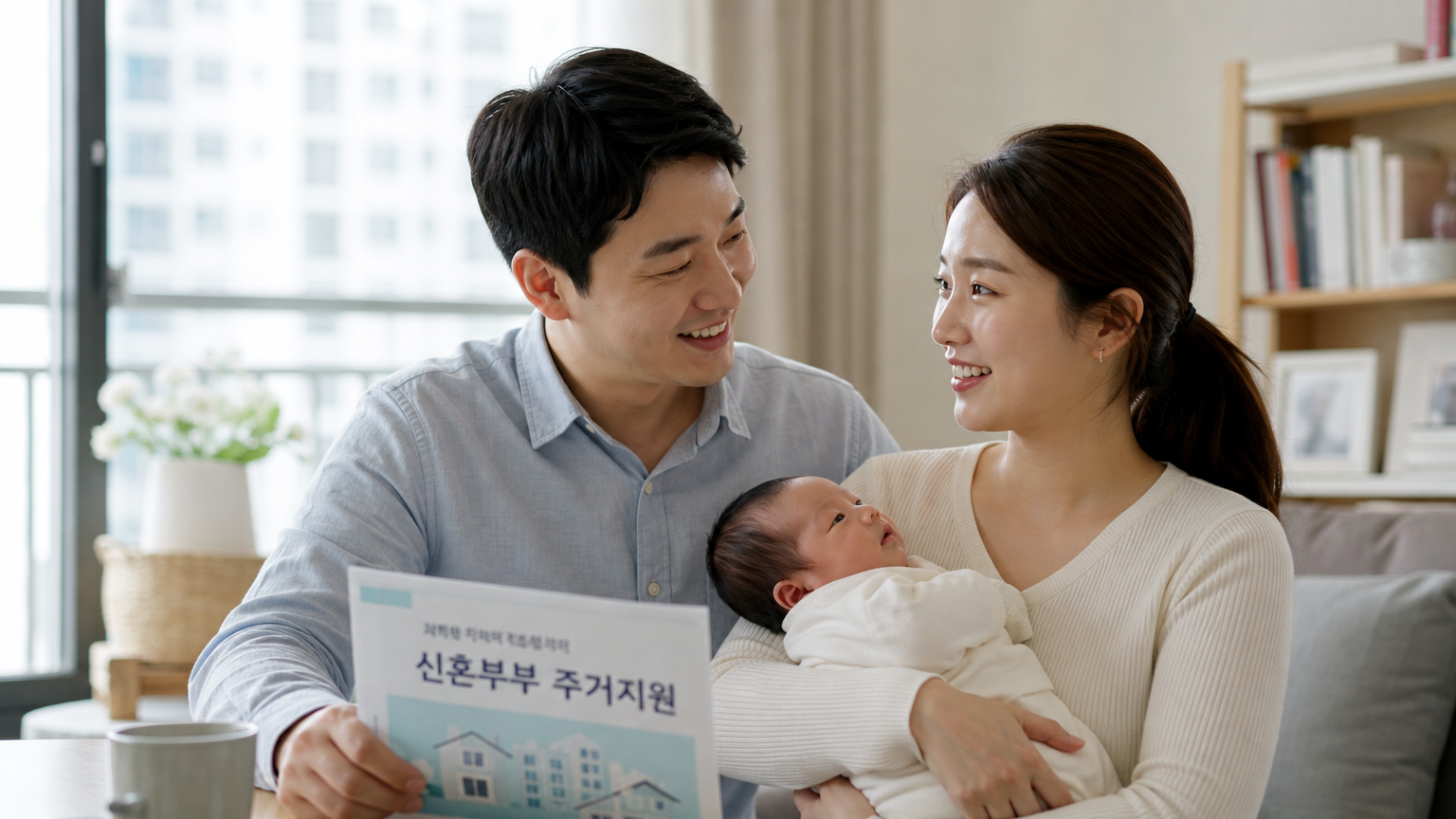 편안한 가정에서 신생아를 안고 새로운 주택 정책에 희망을 느끼는 부모