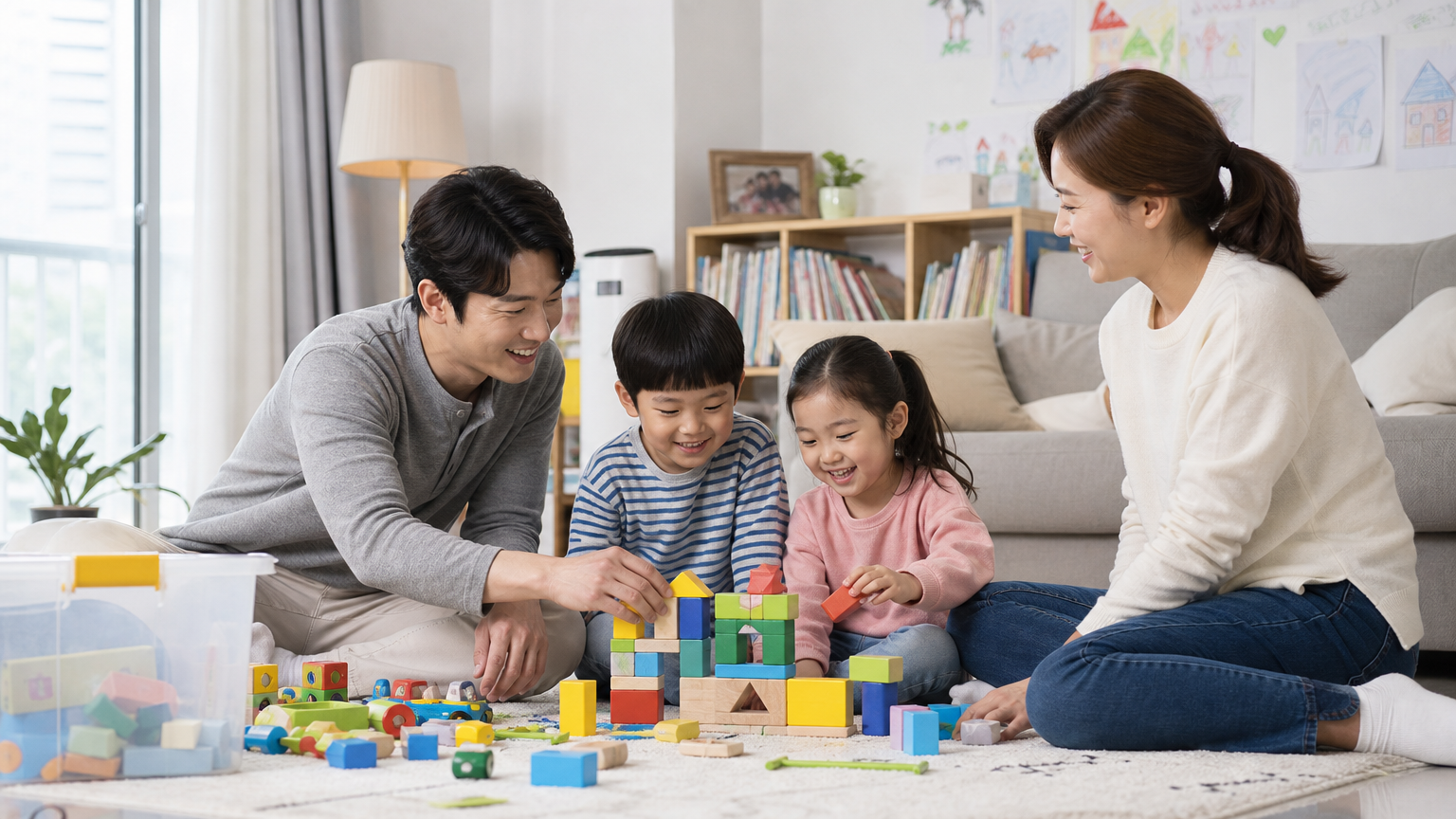 두 자녀와 함께 가정에서 시간을 보내며 즐거워하는 가족의 모습