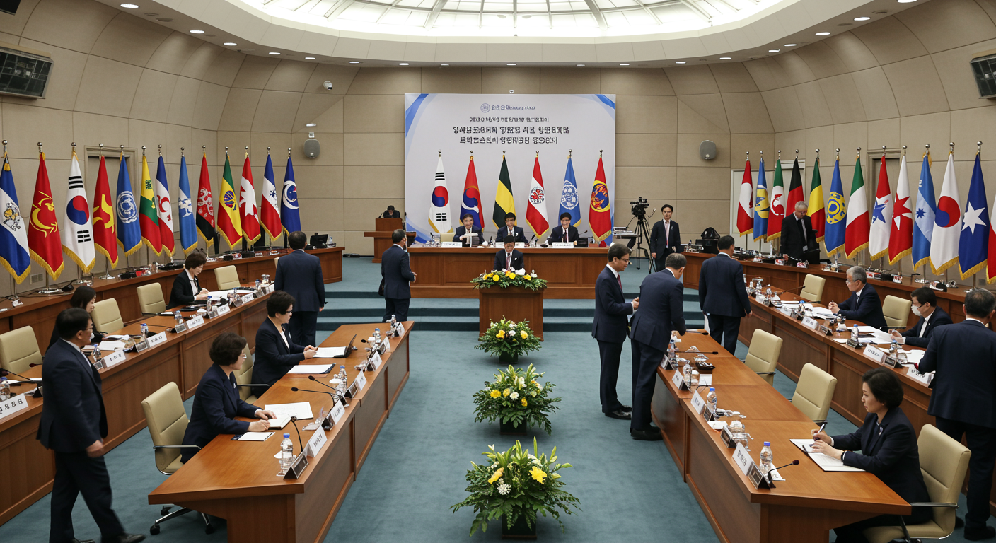 현대적인 경주 회의장에서 세계 각국 지도자들이 비즈니스 복장을 입고 회의를 진행하는 모습