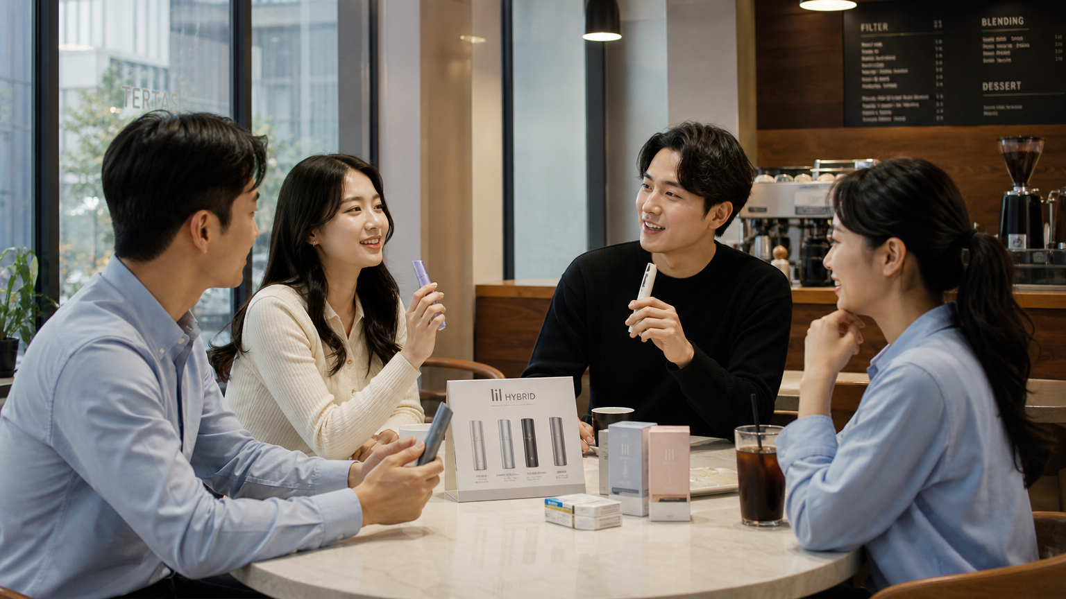 현대적인 카페에서 릴 하이브리드 시리즈의 기능에 대해 토론하는 다양한 한국 성인의 모습