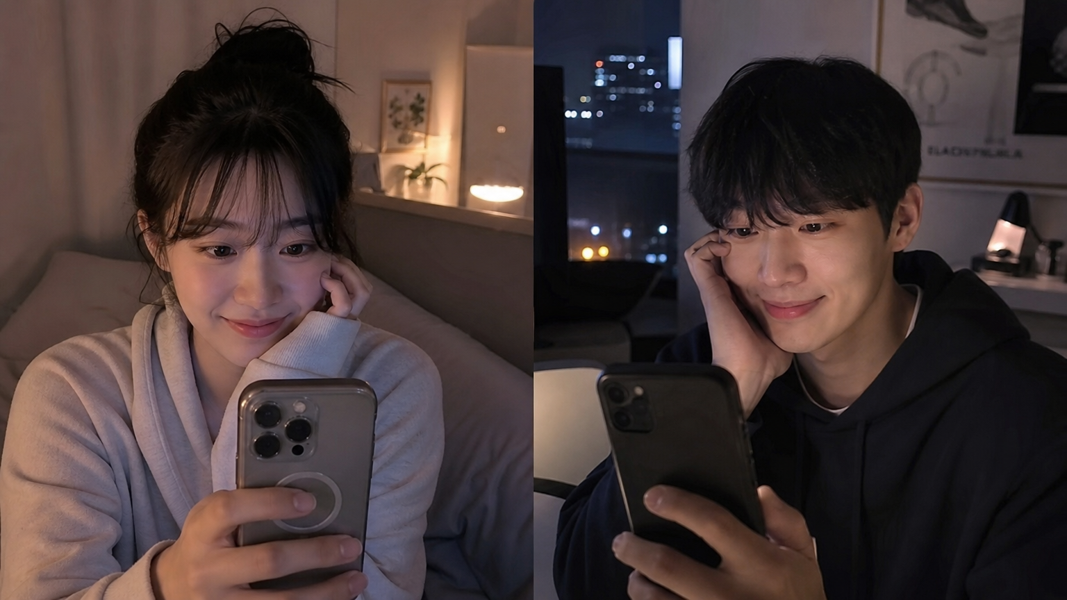 서로 다른 시간대에서 영상 통화를 하며 사랑을 나누는 젊은 커플의 모습