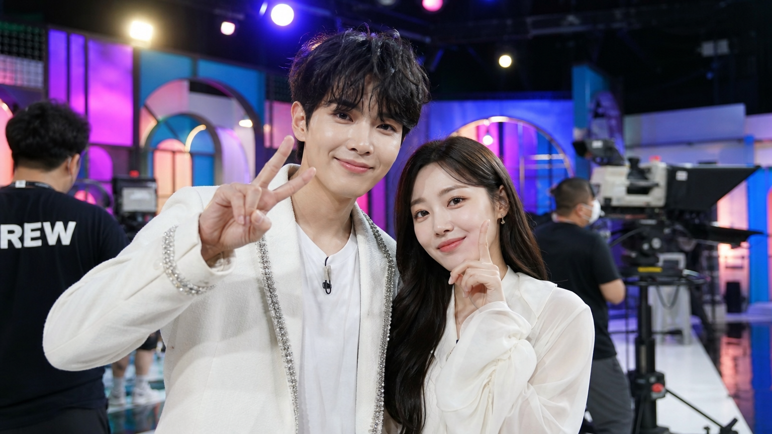 리얼리티 쇼 촬영 현장에서 카메라와 조명 아래 있는 두 젊은 한국인의 모습