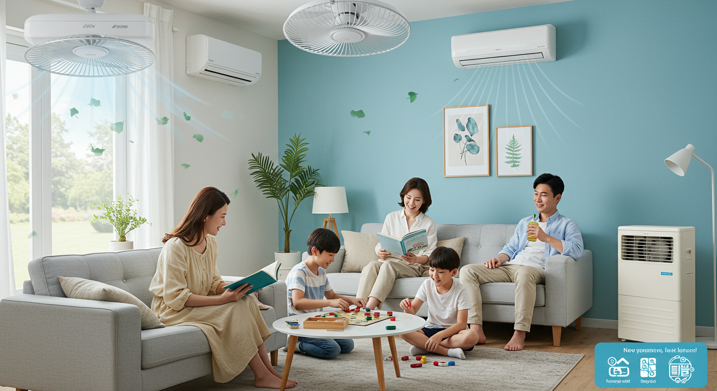 무더운 여름날 시원한 방에서 가족들이 휴식을 취하는 장면과 함께 작동 중인 실링팬 및 에어컨