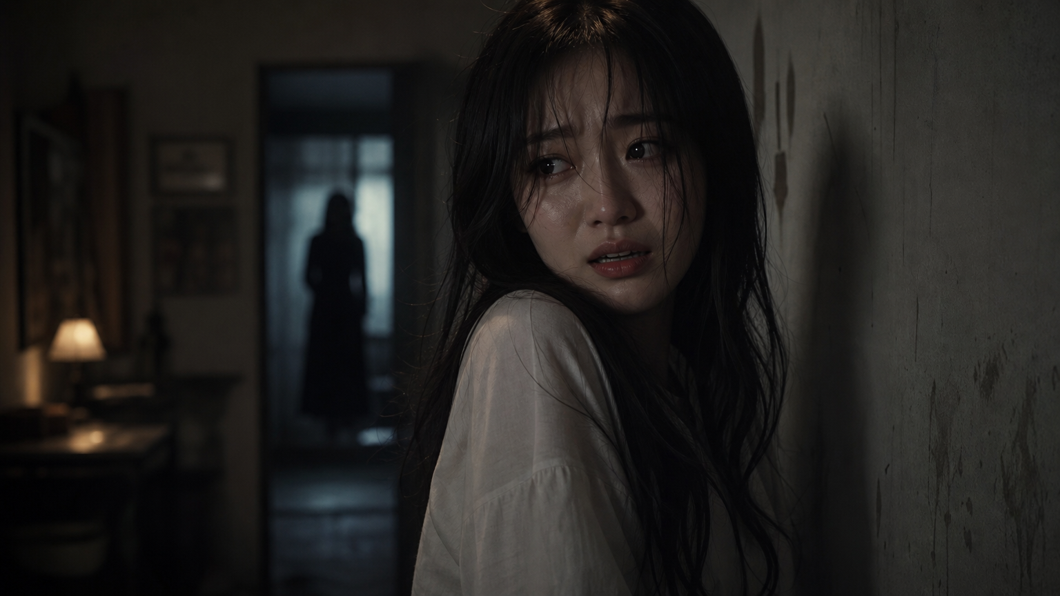 불안해 보이는 한국 여성이 어두운 방에서 긴장감을 느끼는 모습