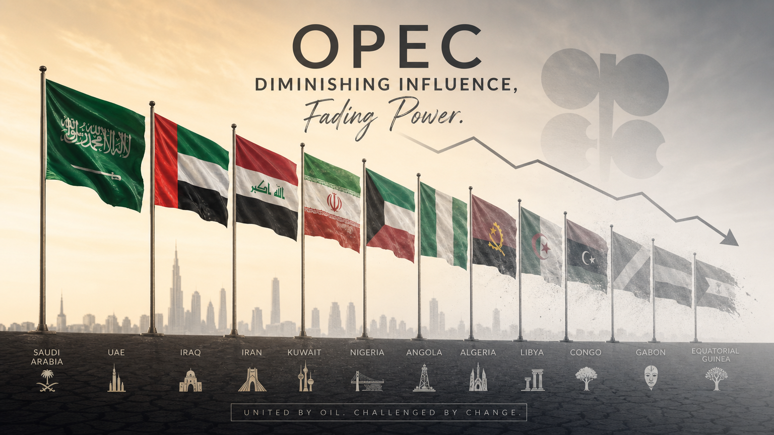 색이 점점 희미해지는 그림으로 표현된 OPEC 국가들의 국기와 감소하는 영향력