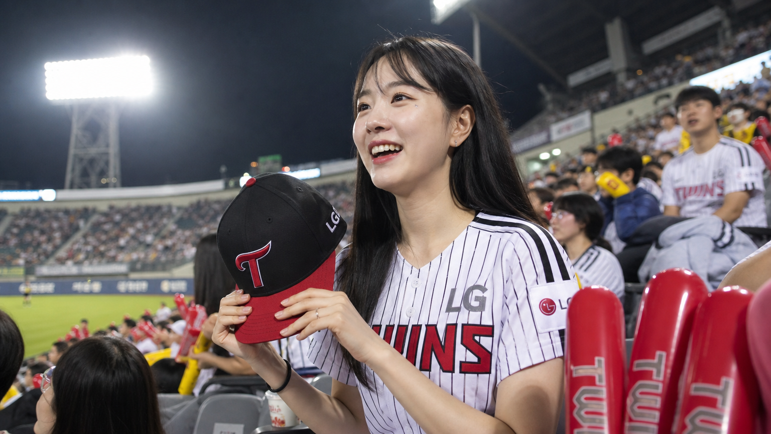 현대적인 한국 야구 팬이 LG 트윈스 유니폼을 입고 밤 경기장을 배경으로 설레는 모습