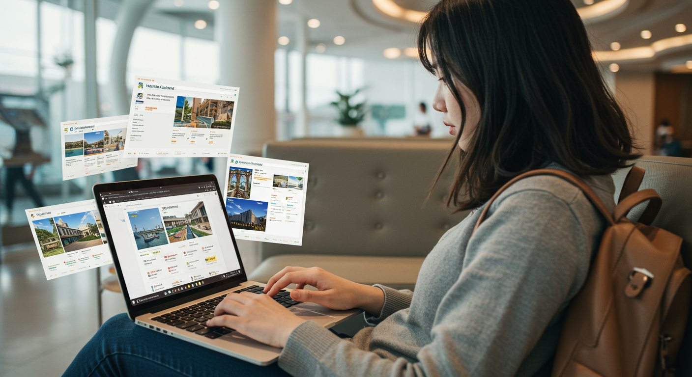 한국 여행자가 노트북으로 여러 호텔 가격 비교 웹사이트를 동시에 열어 놓고 있는 모습