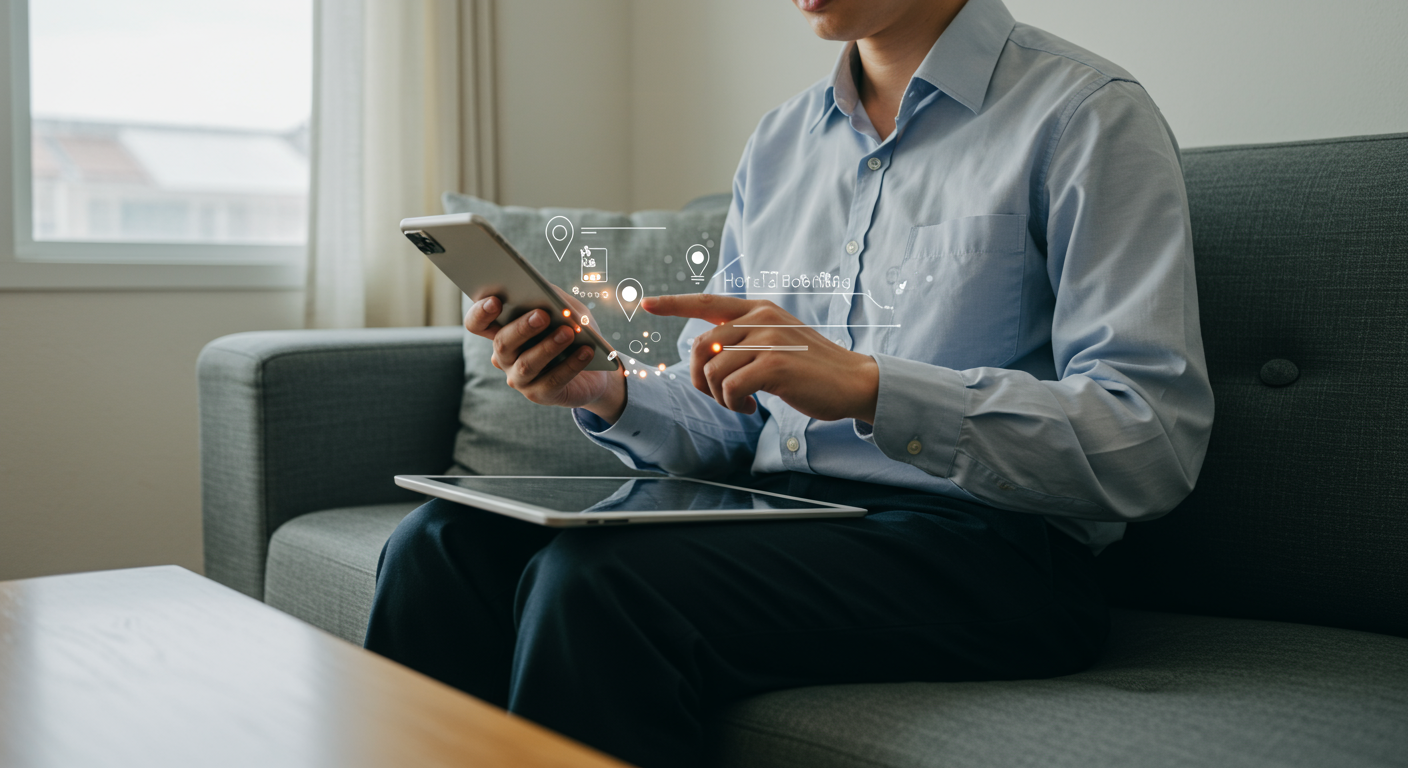 한국인이 스마트폰과 태블릿을 이용하여 호텔 예약 필터링 기술을 활용하는 장면