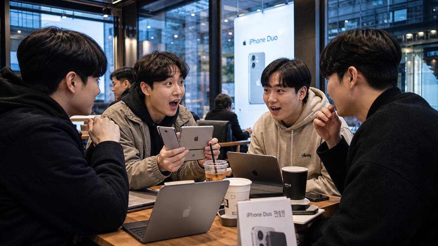 서울 카페에서 아이폰 듀오에 대해 토론하는 한국 테크 팬들