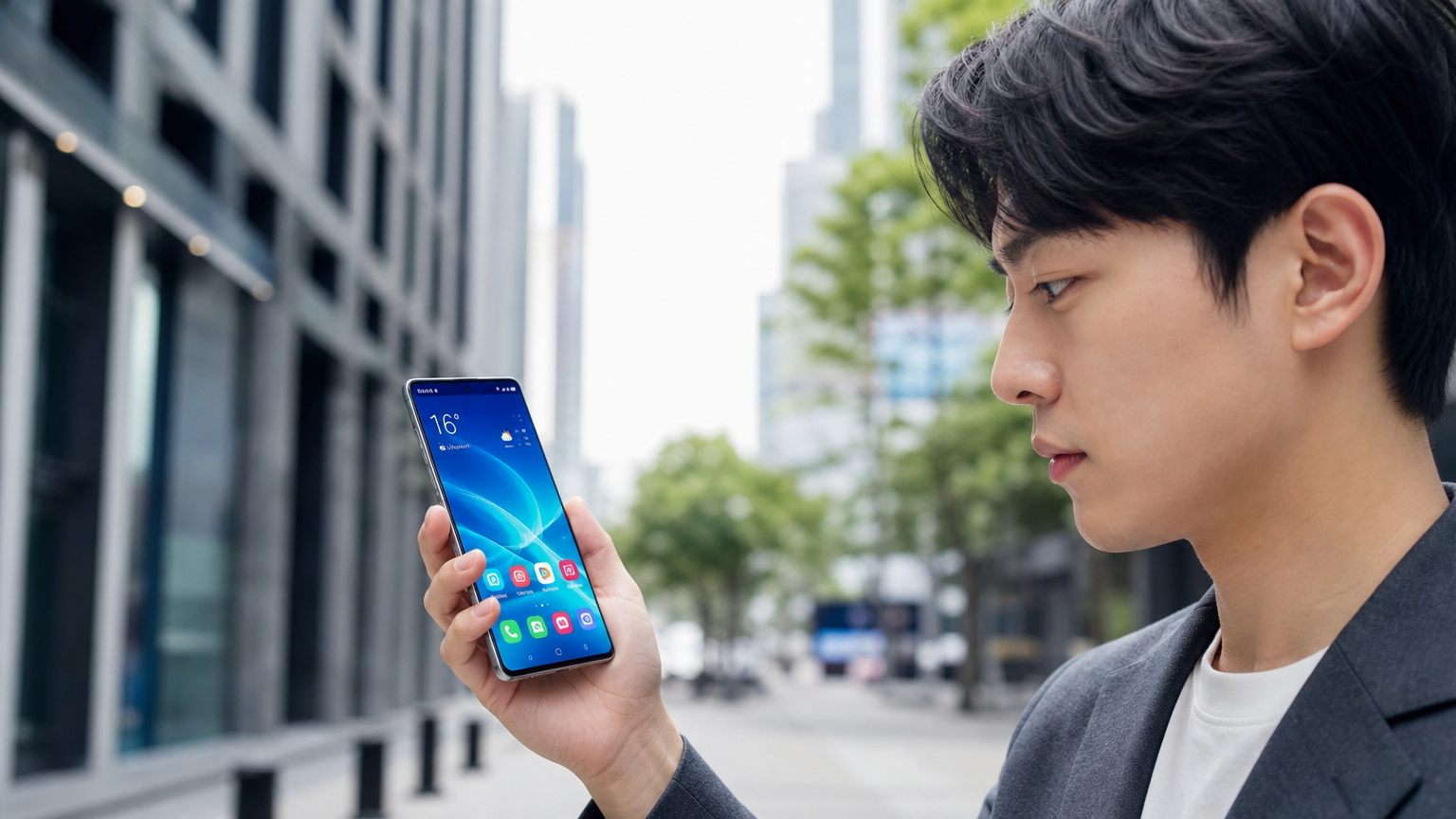도시 환경 속에서 선명하고 부드러운 화면 전환을 보여주는 스마트폰