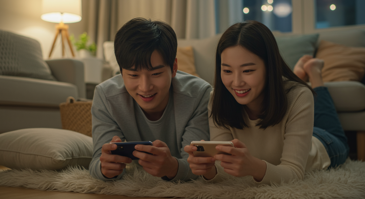 집에서 함께 게임을 하며 즐거워하는 커플 모습