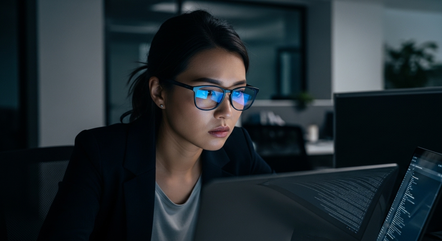 현대 사무실에서 블루라이트 차단 안경을 착용한 채 노트북 화면을 보는 직장인
