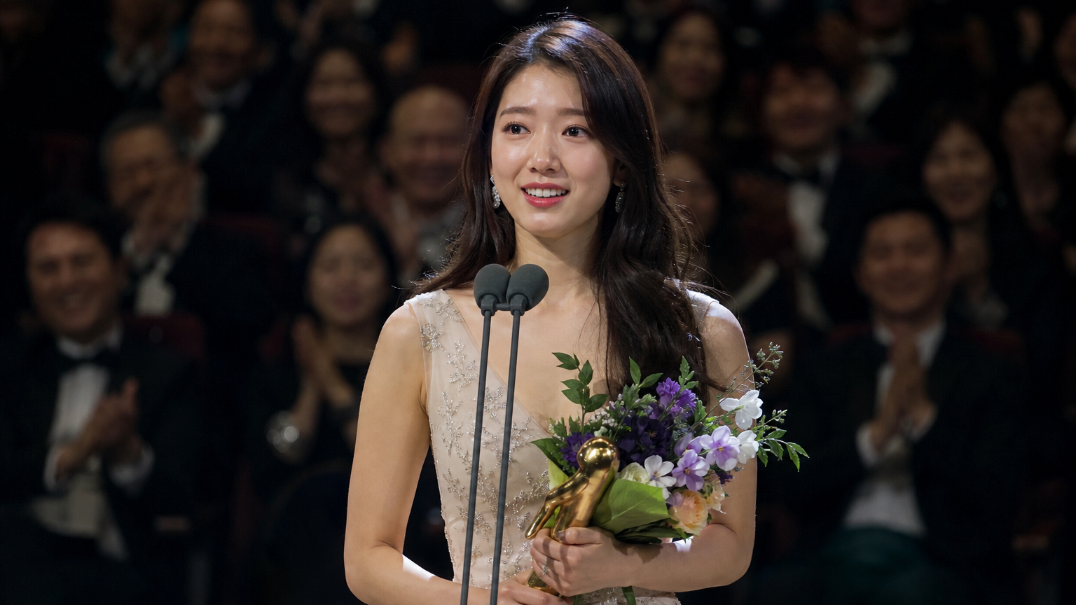 무대 위에서 상을 받고 있는 우아한 저녁 드레스를 입은 한국 여배우