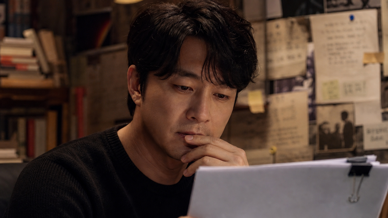 어두운 방에서 대본과 자료를 보며 깊이 생각하는 배우의 클로즈업