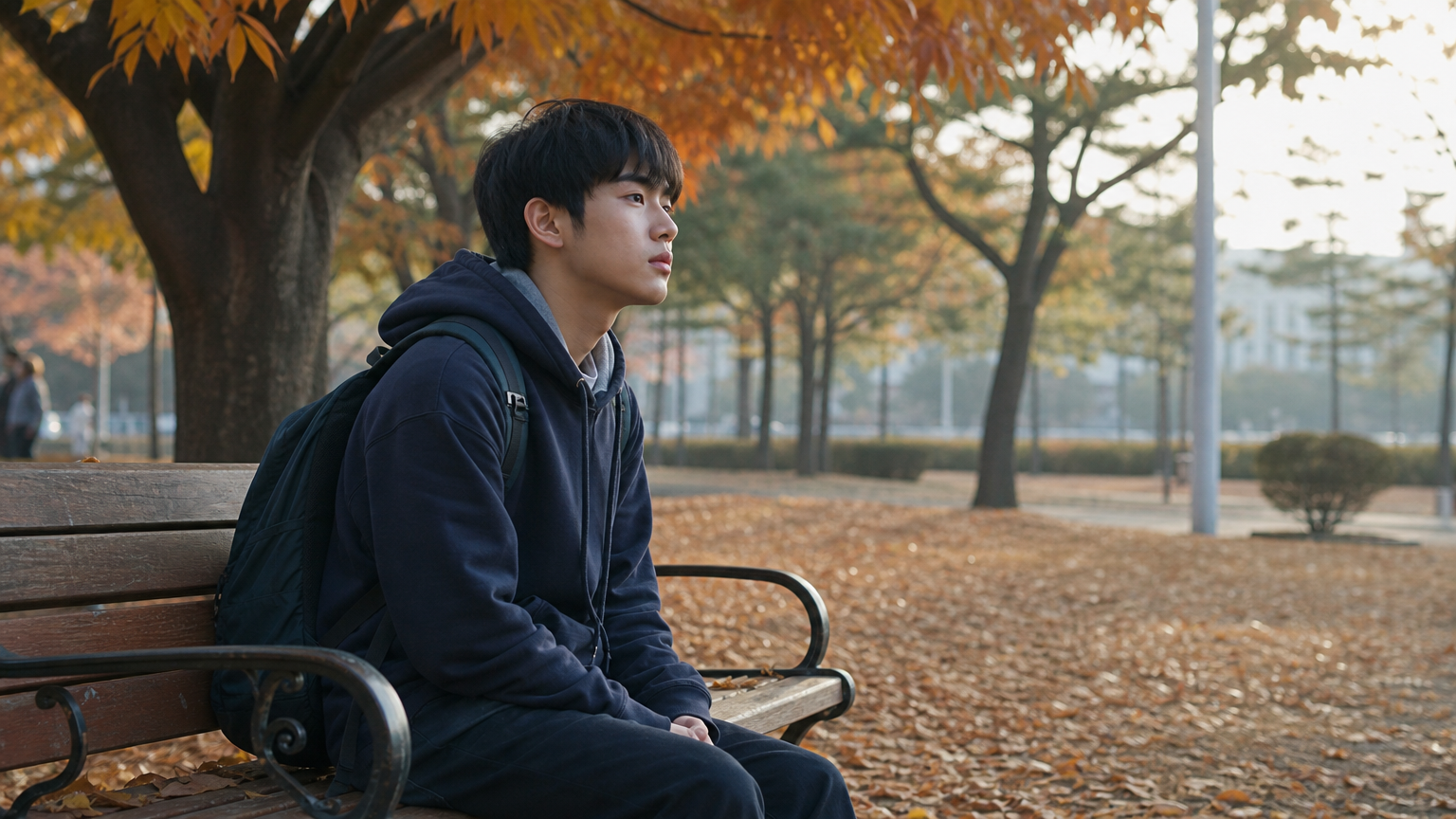 공원 벤치에 앉아 가을 낙엽 아래 고민하는 청소년의 모습