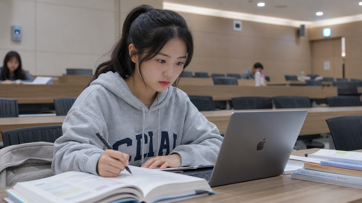 현대적인 강의실에서 교재와 노트북을 펼쳐놓고 공부하는 한국 여성 대학생