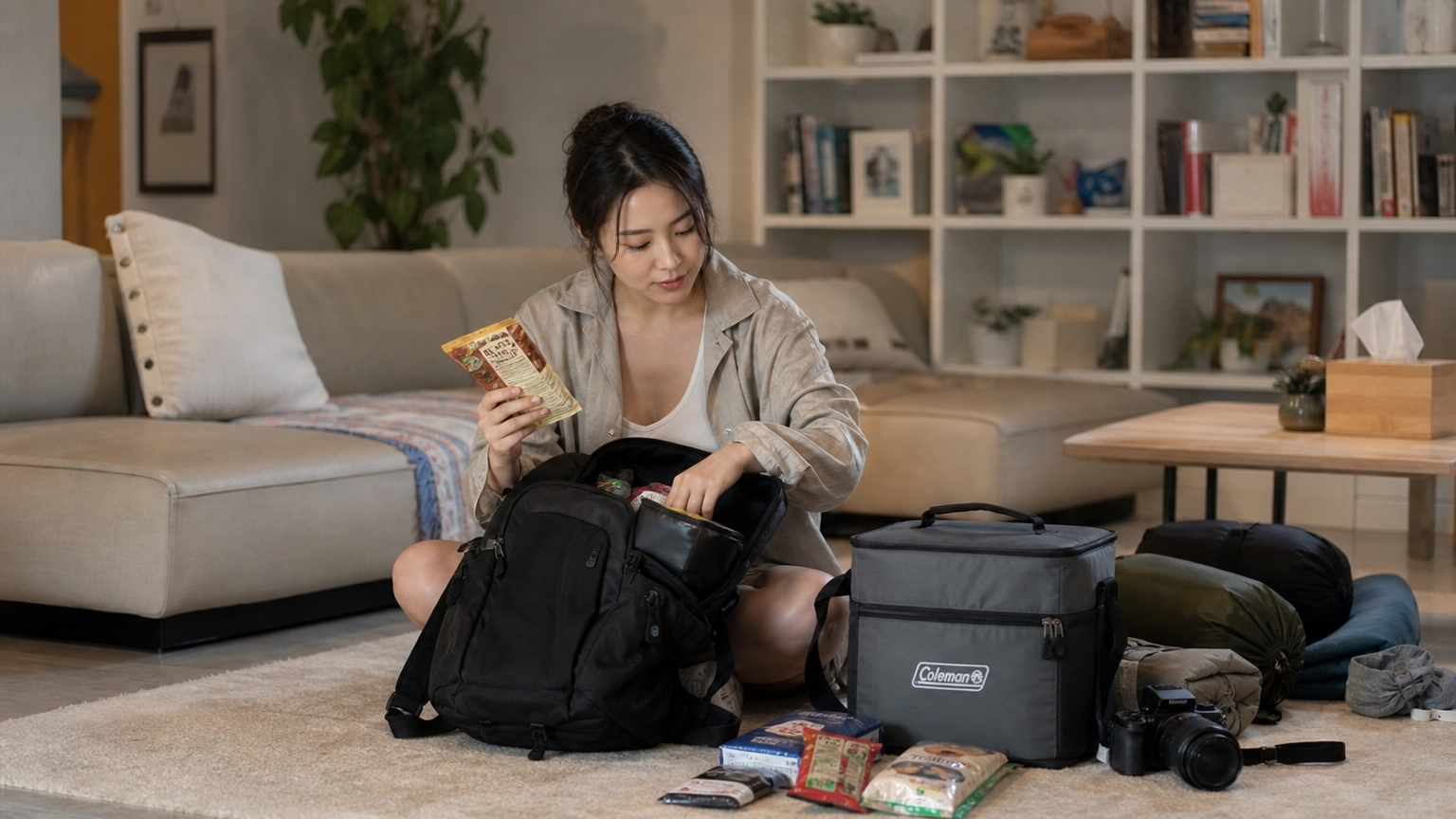 현대 여성이 거실에서 세련된 보냉백과 여행 필수품을 정리하는 모습