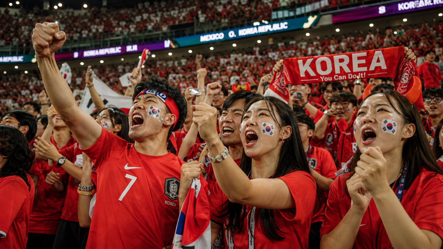 한국과 멕시코의 월드컵 경기 중 열광하는 축구 팬들의 모습