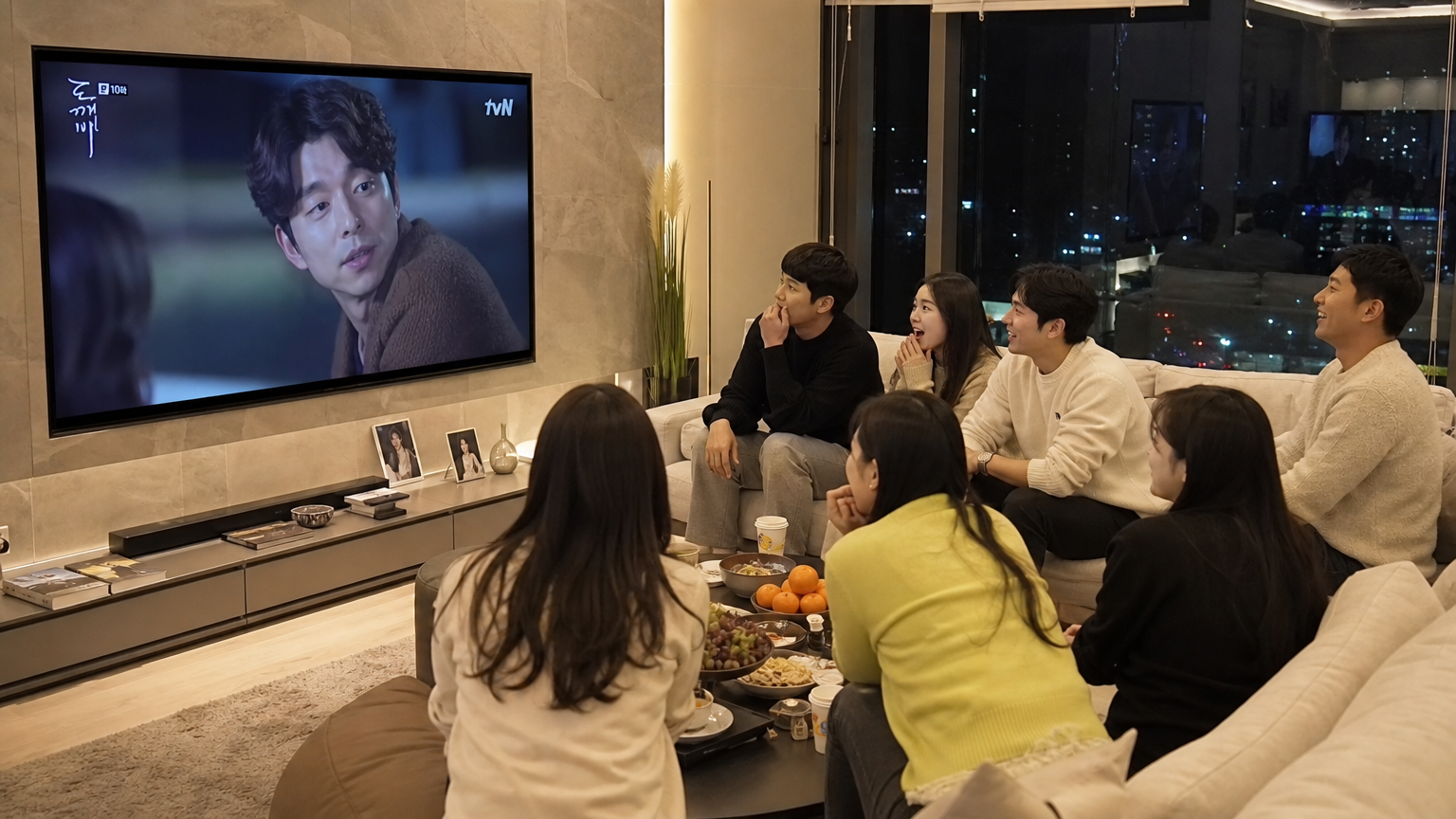 현대적인 거실에서 인기 드라마를 시청하며 즐거워하는 직장인들
