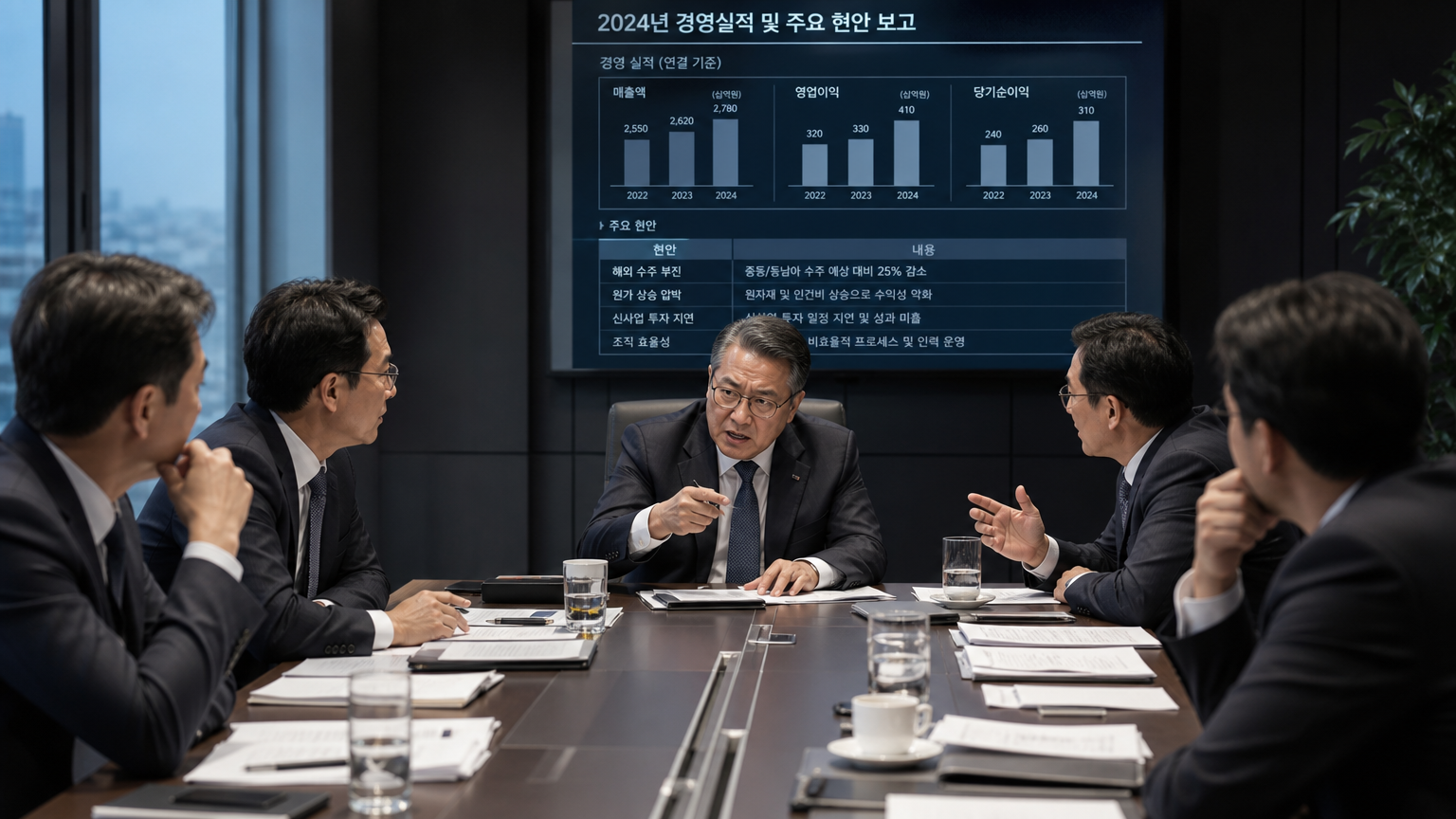 기업 문제로 심각한 토론을 벌이는 이사회 장면