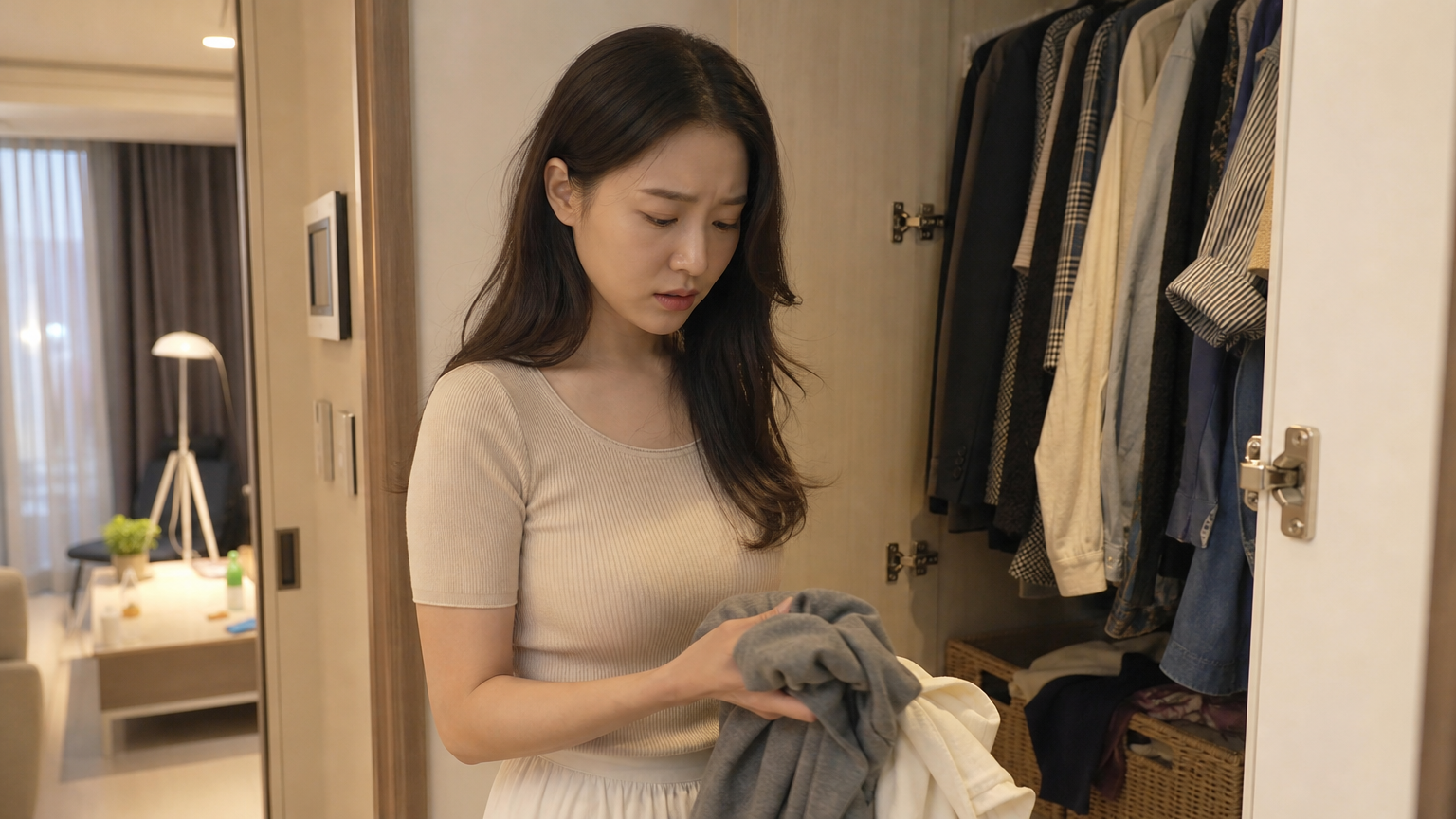 한 여성이 옷장을 정리하며 날씨 변화를 준비하는 모습