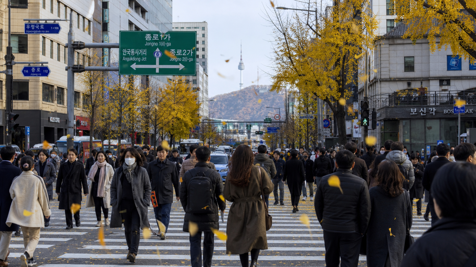 바람 부는 서울 거리에서 사람들이 두꺼운 옷을 입고 다니는 모습