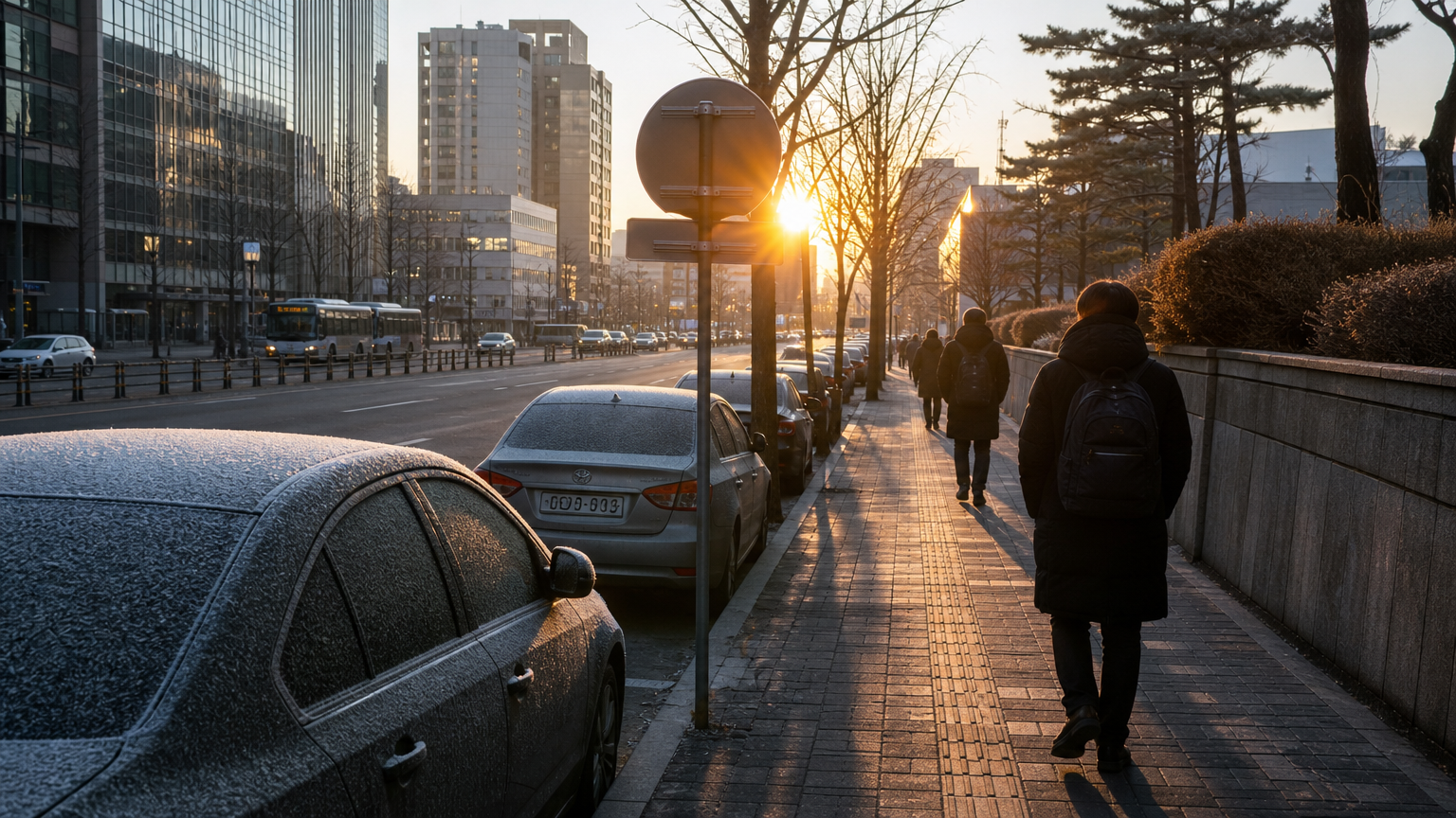 서리가 내린 서울 아침 거리에서 두꺼운 옷을 입고 출근하는 사람들