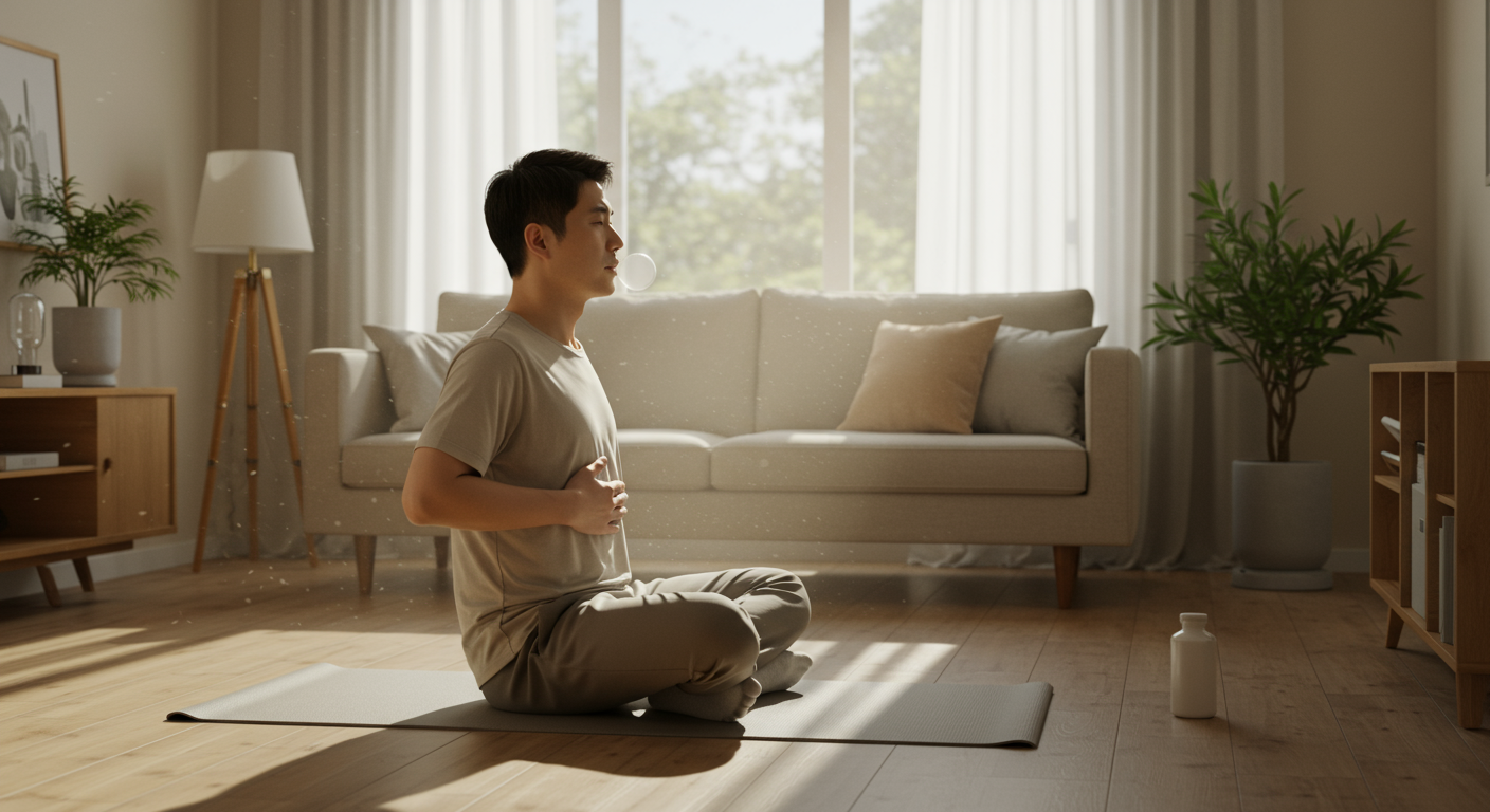 현대적인 거실에서 비염 완화를 위한 횡격막 호흡 연습 중인 남성