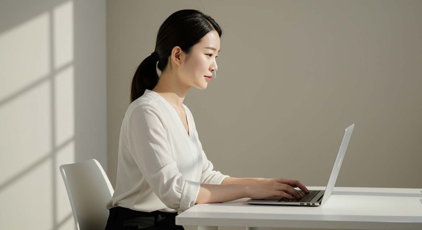 컴퓨터 앞에서 올바른 자세를 유지하며 작업 중인 여성