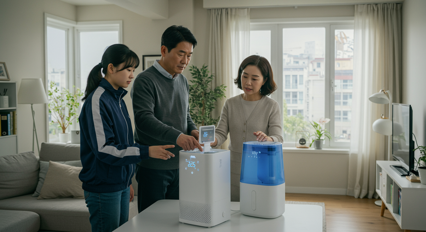 현대식 아파트에서 공기청정기와 가습기를 조절하는 가족