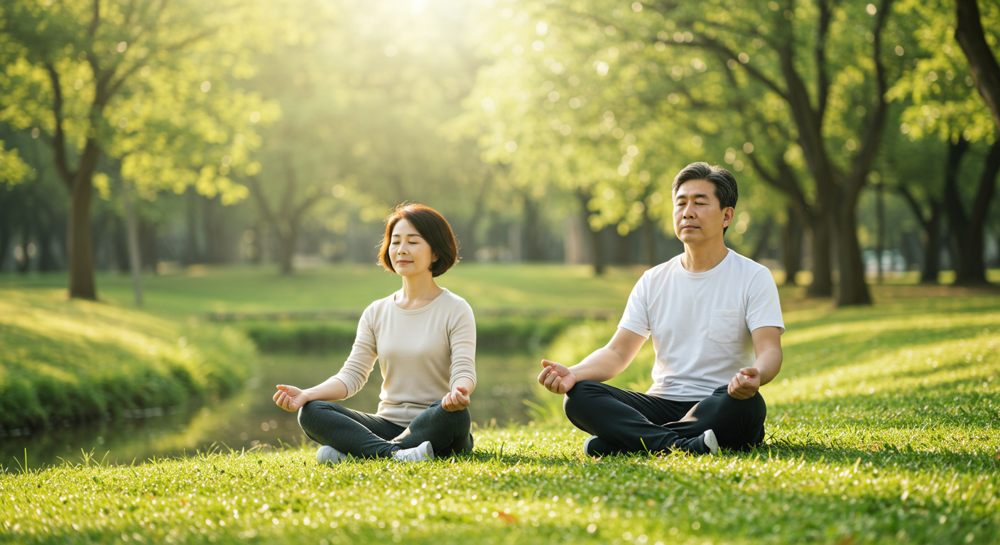 공원에서 깊은 호흡을 하며 산책 중인 커플