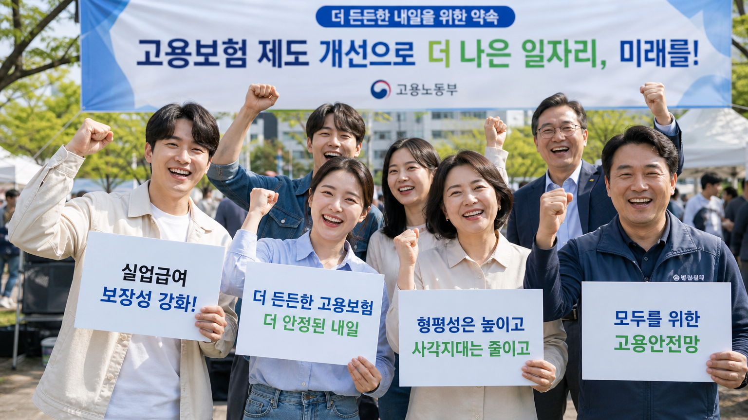 야외 모임에서 고용보험 정책 변화에 기뻐하는 다양한 성인들의 모습
