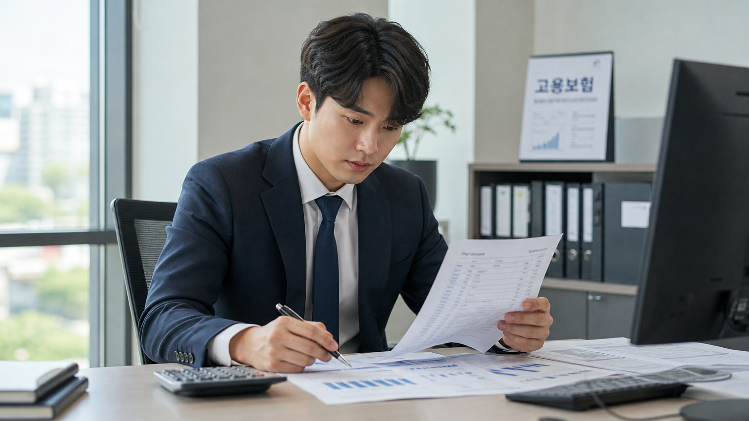 사무실에서 소득 기준 변화를 검토하는 젊은 전문가