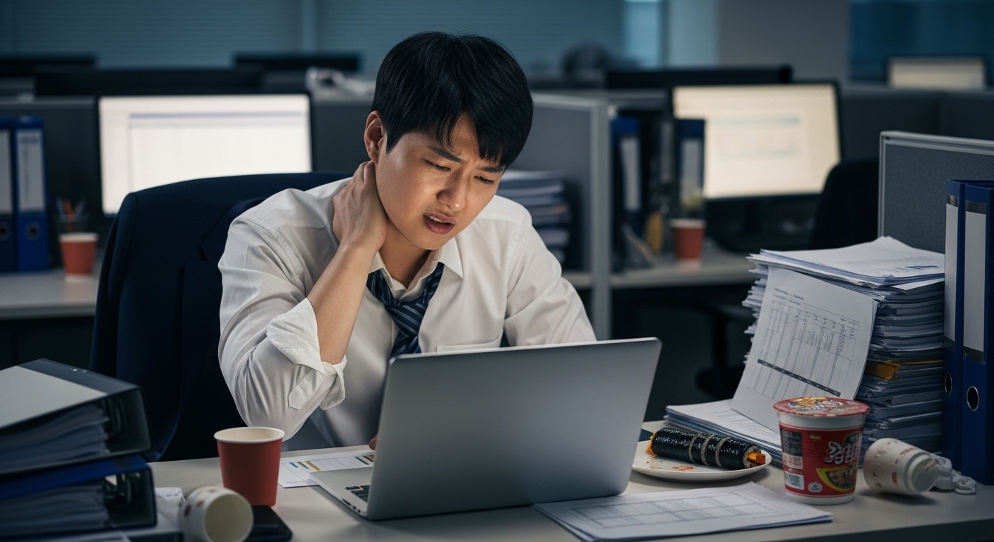 스트레스로 인해 목의 긴장을 느끼는 직장인