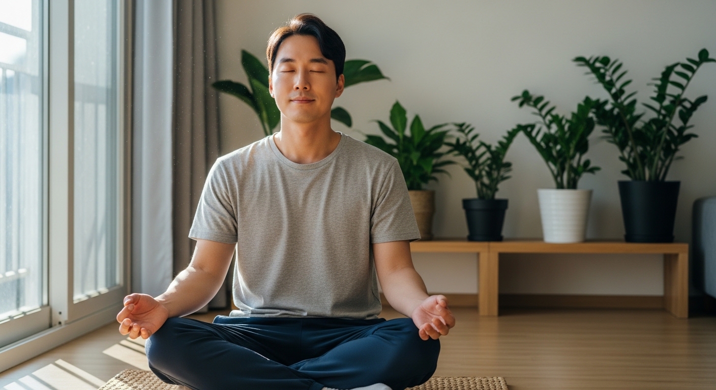 거실에서 깊은 복식 호흡을 하는 남성