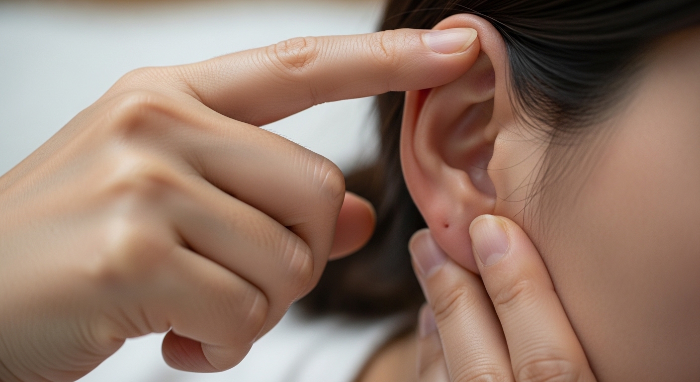 귀 뒤 안면혈을 누르는 손의 클로즈업 이미지